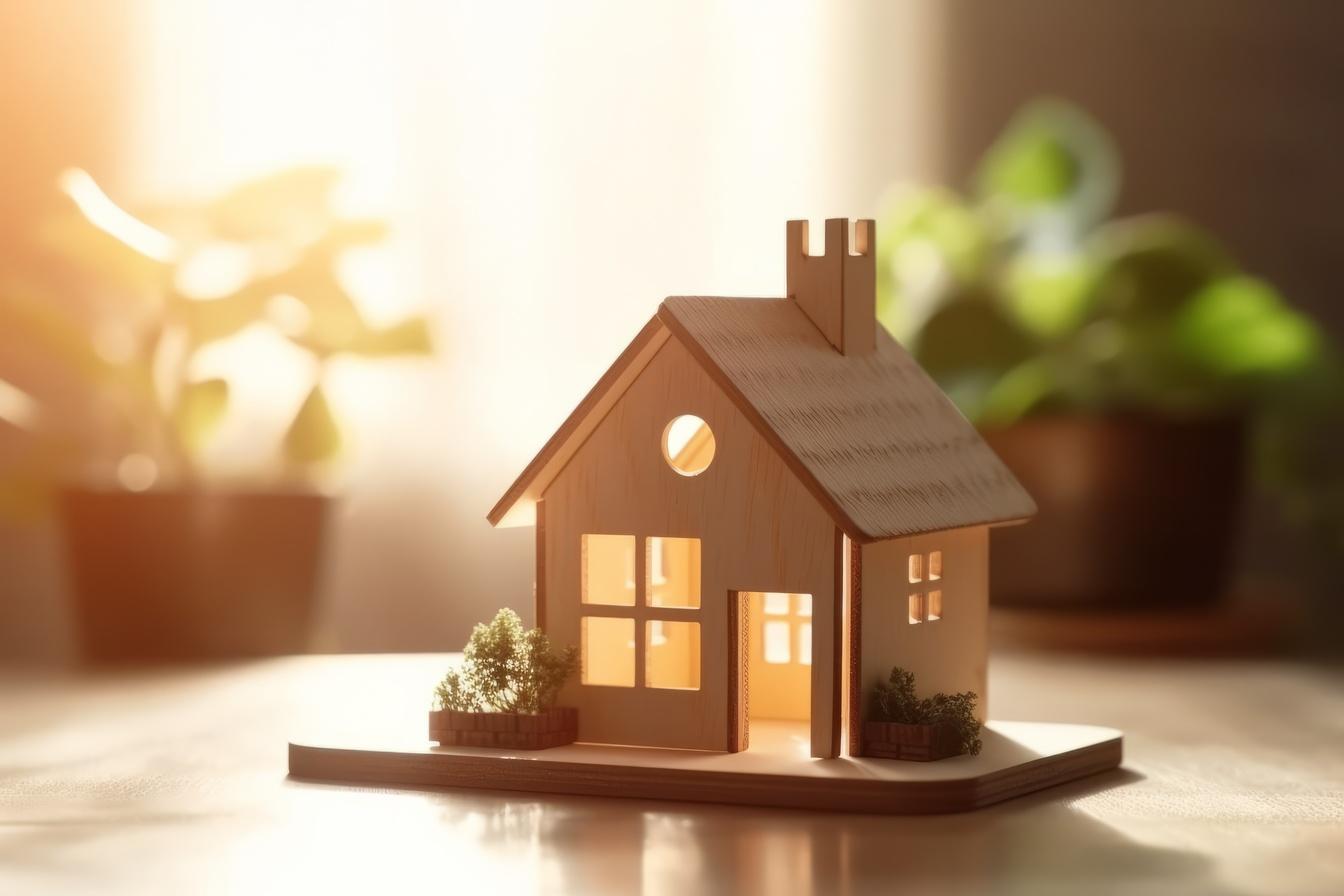 Paper house on wood plank, family and home mortgage loan