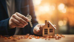 home buyer holding house model and keys in hand.