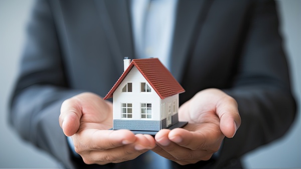 A businessman in a suit holds a model of a house on his palms. The concept of mortgage lending, real estate insurance, construction, design and sale of residential buildings.