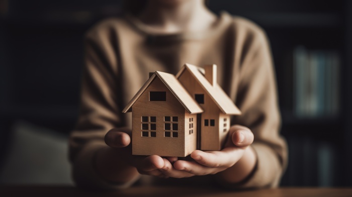 Buying a house with loan in Florida. Woman holding a house in hands
