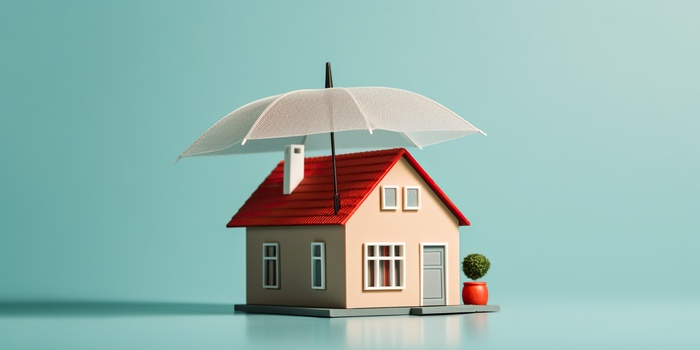A model home with an umbrella over it, symbolizing home insurance