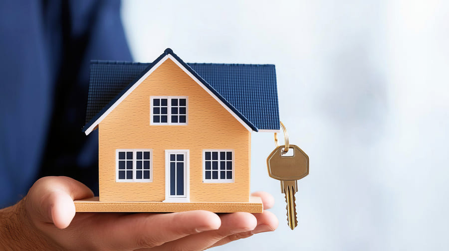 House model and key in home mortgage broker agent hand
