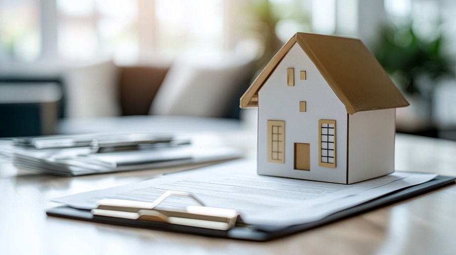 a home model placed on loan papers - home loan concept