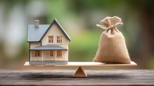 reverse mortgage loan concept - home model and sack of money on small wooden see saw