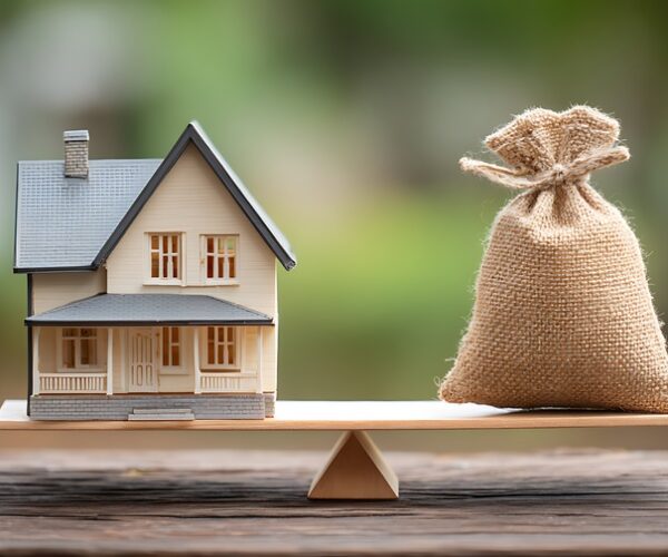 reverse mortgage loan concept - home model and sack of money on small wooden see saw