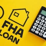 FHA loan concept with house icon, dollar symbol and calculator on yellow background for mortgage financing and home buying featuring housing