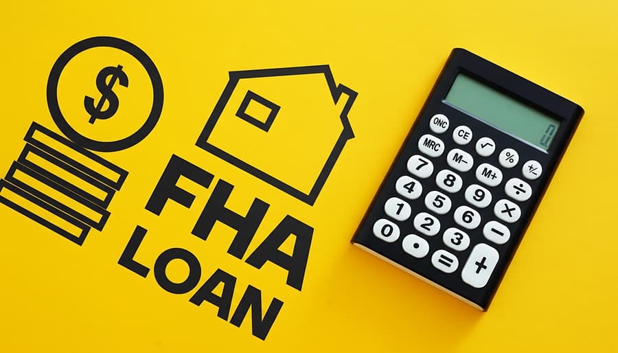 FHA loan concept with house icon, dollar symbol and calculator on yellow background for mortgage financing and home buying featuring housing