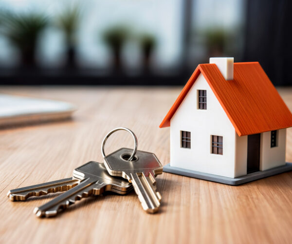 home mortgage concept - a house model and a key