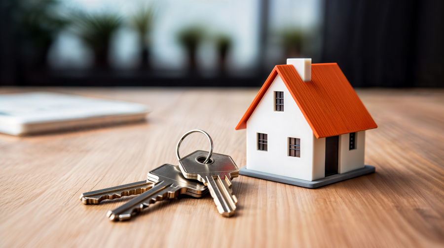 home mortgage concept - a house model and a key